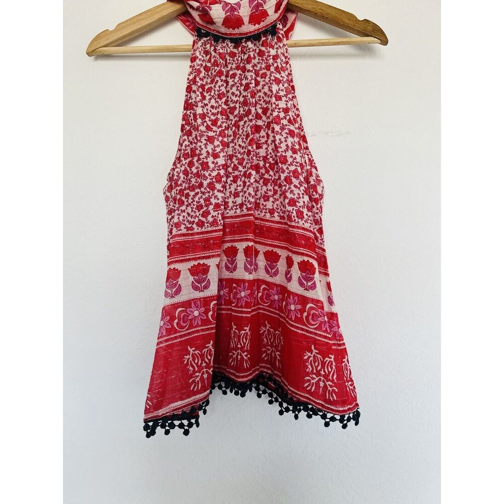 THML Sheer Metallic Halter Top Sz XS Red Pom Pom Detail Tie Neck Ethnic Boho
